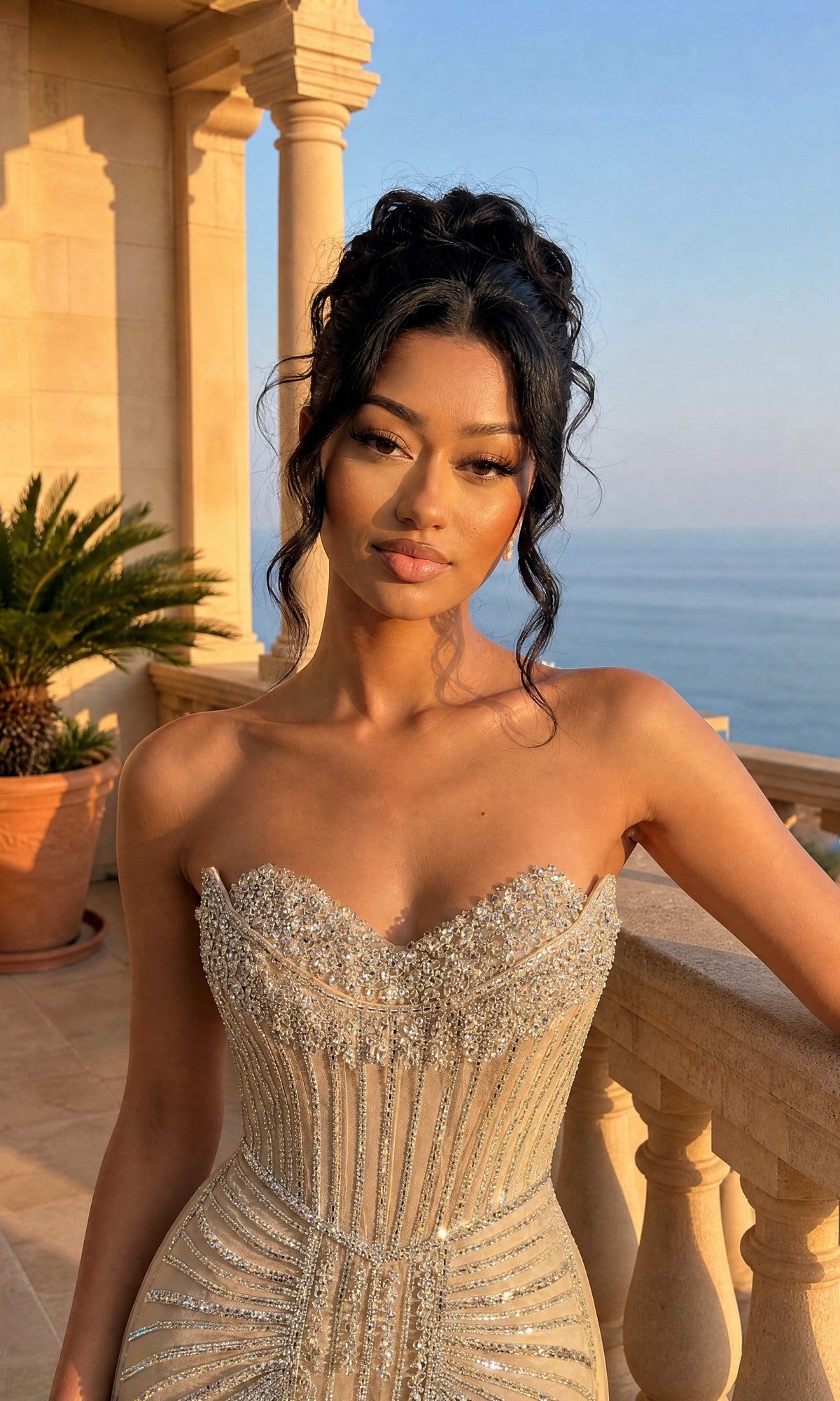 A woman with long dark hair in an updo models the Chicas C846 long formal dress, featuring jewel rhinestones and a tulle overskirt, as she poses on a stone balcony overlooking the ocean at sunset.